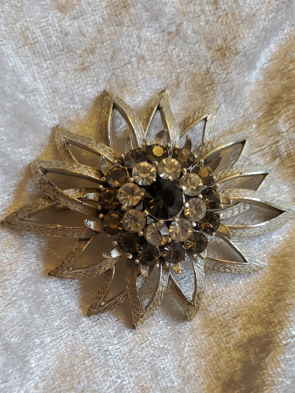 Vintage CORO Clear & Smoke Gray Crystal Sunburst Sun Flower Brooch Silver Tone
